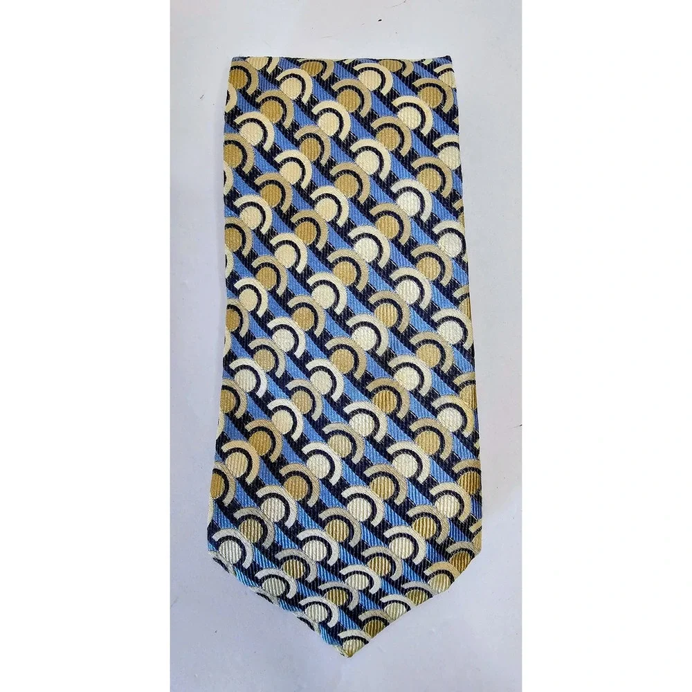 Tommy‎ Hilfiger Men's Silk Necktie Blue Beige Gold Geometric Circles